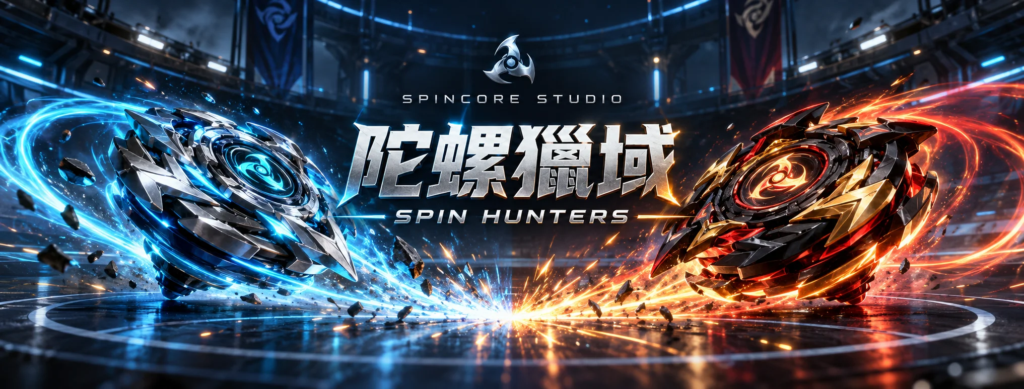 陀螺獵域：Spin Hunters 宣傳主視覺，藍色與橘色陀螺在競技場碰撞